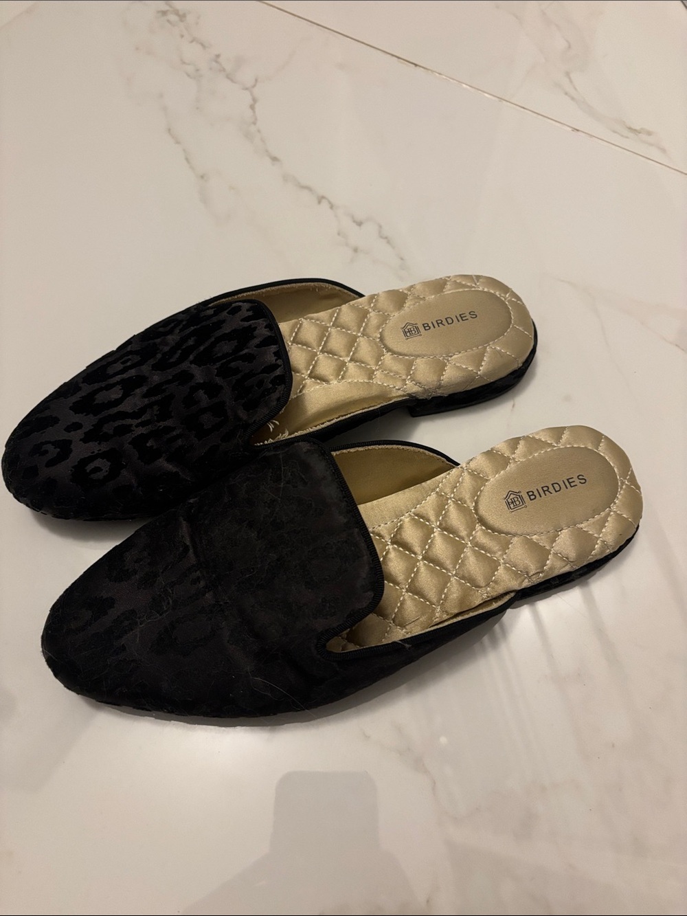 Birdies Black Quilted Insole Backless Leopard-Print Mules